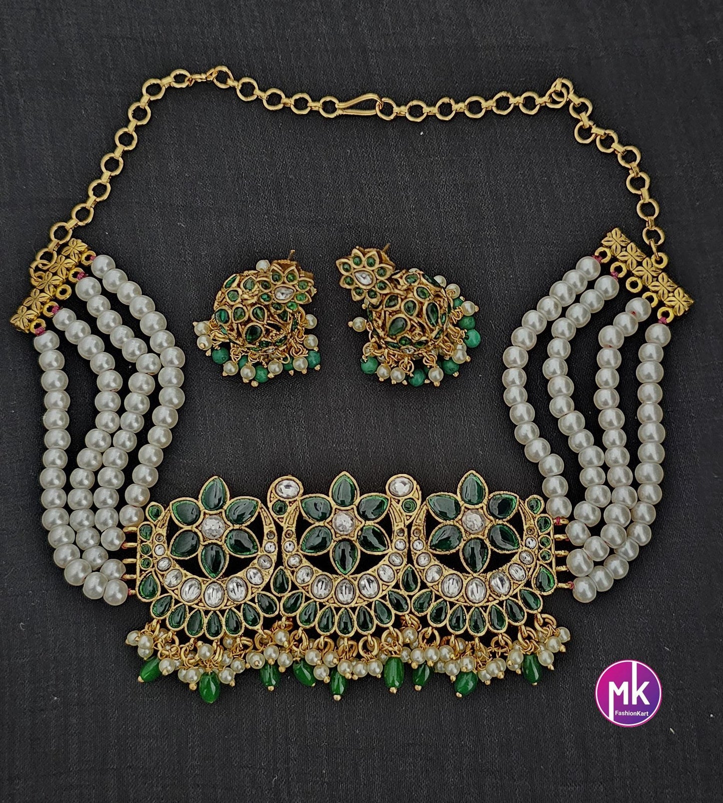 Emerald stone Premium Quality Gold polish Kundan Polki Bridal Choker with multi-strand pearls with Polki Jhumka - MK Fashionkart