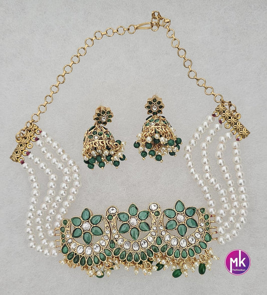 Emerald stone Premium Quality Gold polish Kundan Polki Bridal Choker with multi-strand pearls with Polki Jhumka - MK Fashionkart