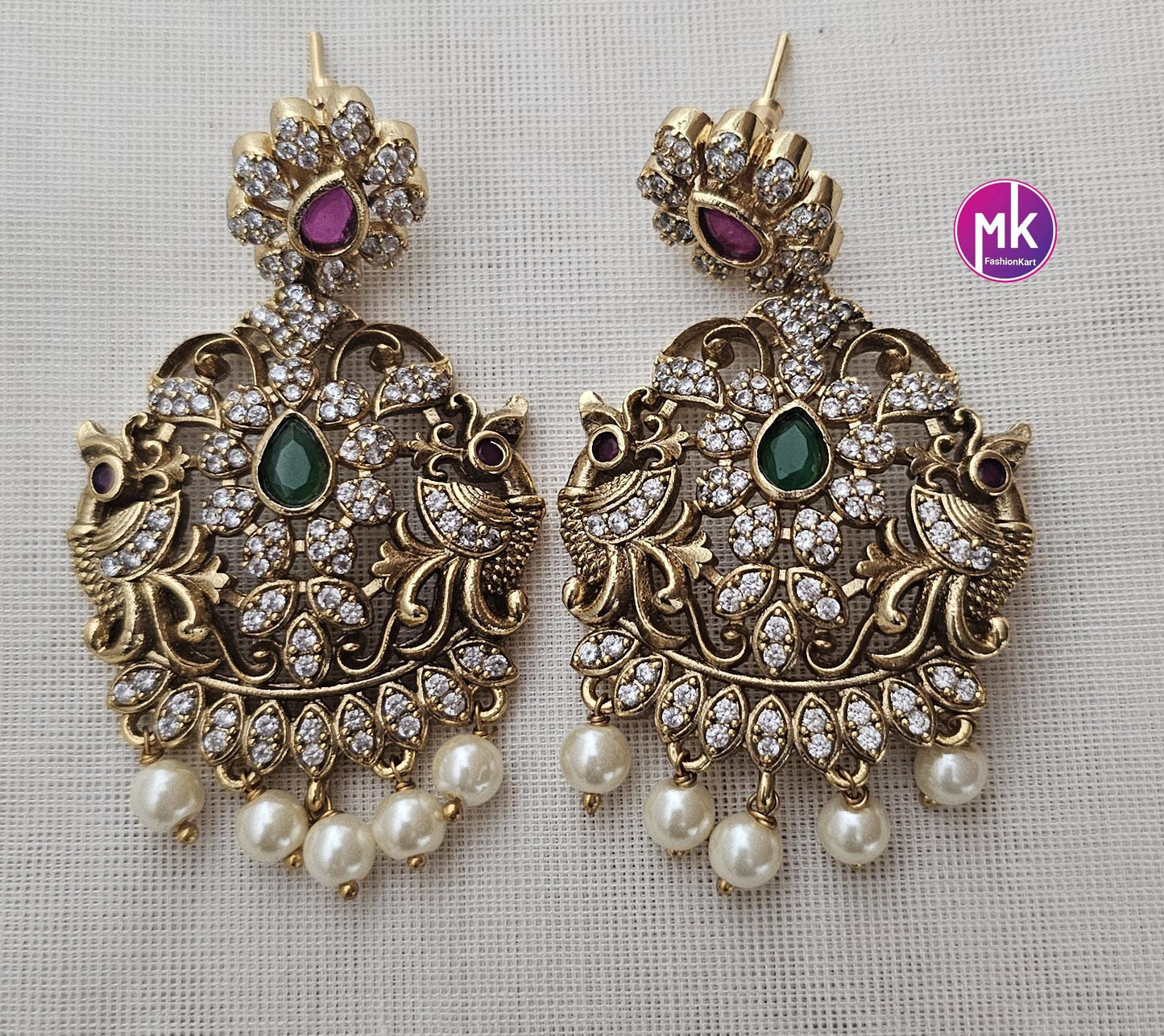Peacock design Premium Quality Matte gold finish Kemp stone Necklace with pendent and matching Big Earrings - Bridal Jewelry - MK Fashionkart