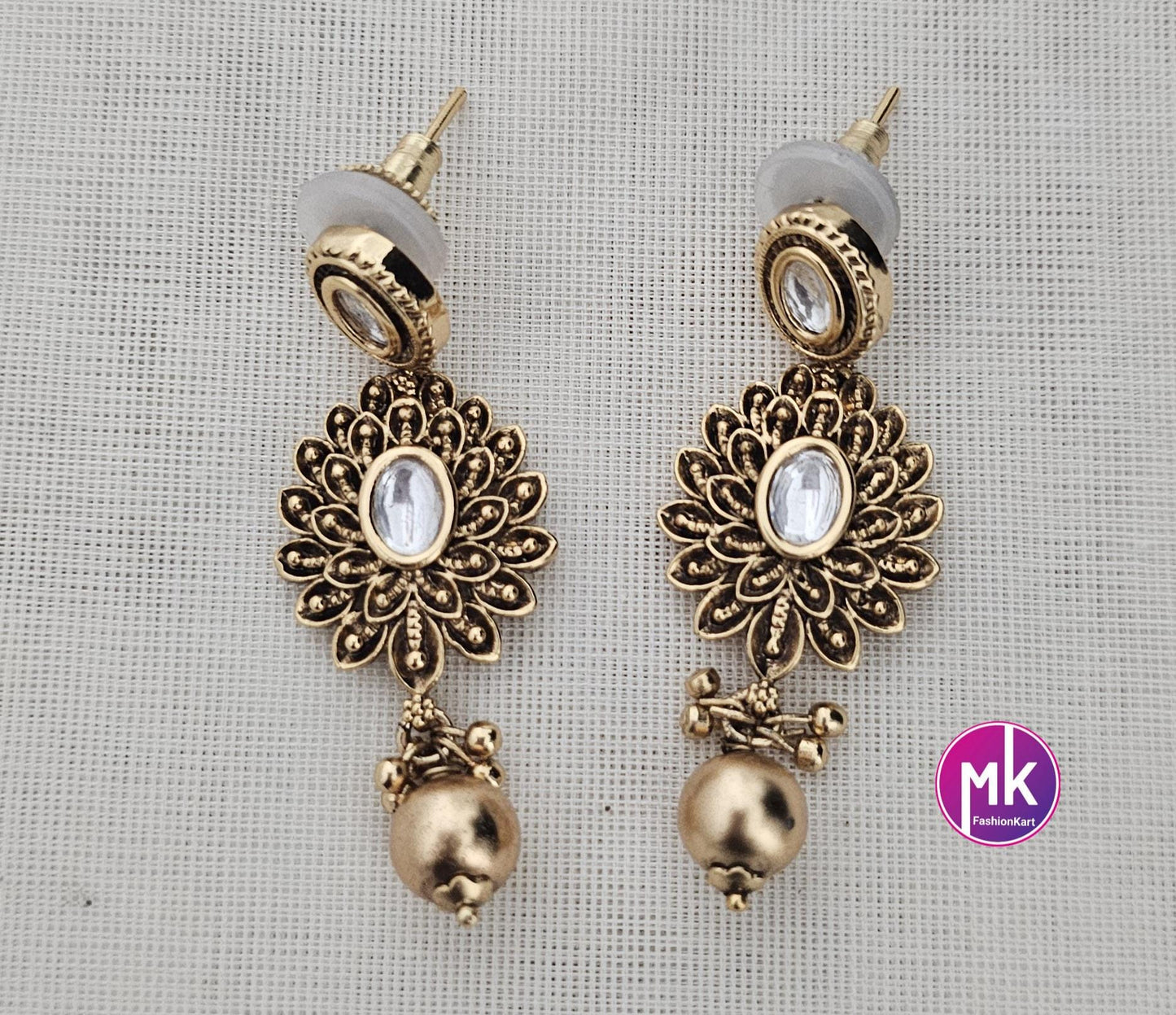 Celebrity style Triple strand Pearl and gold bead Premium Quality mala matte finish Necklace with Polki kundan Earrings - MK Fashionkart