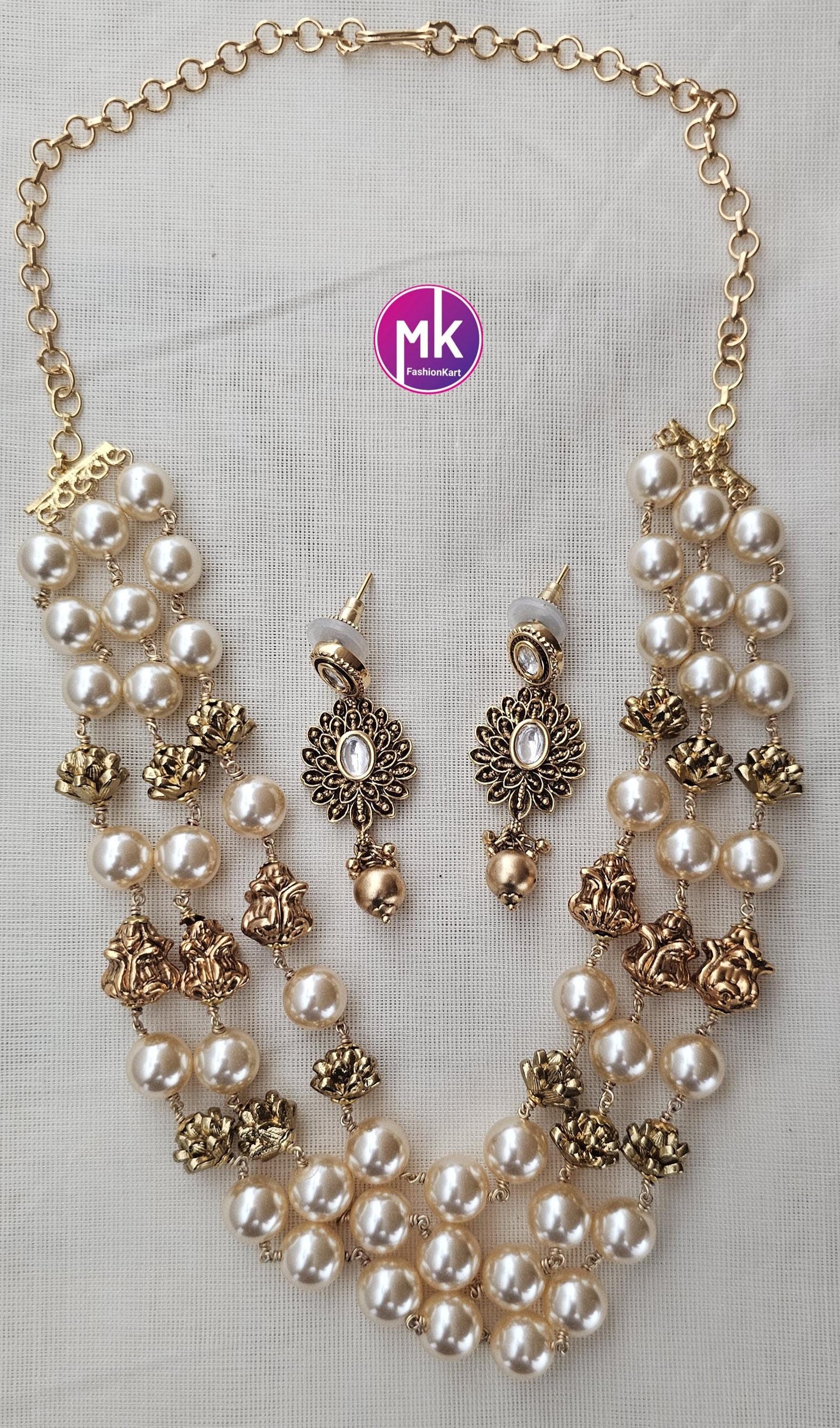 Celebrity style Triple strand Pearl and gold bead Premium Quality mala matte finish Necklace with Polki kundan Earrings - MK Fashionkart