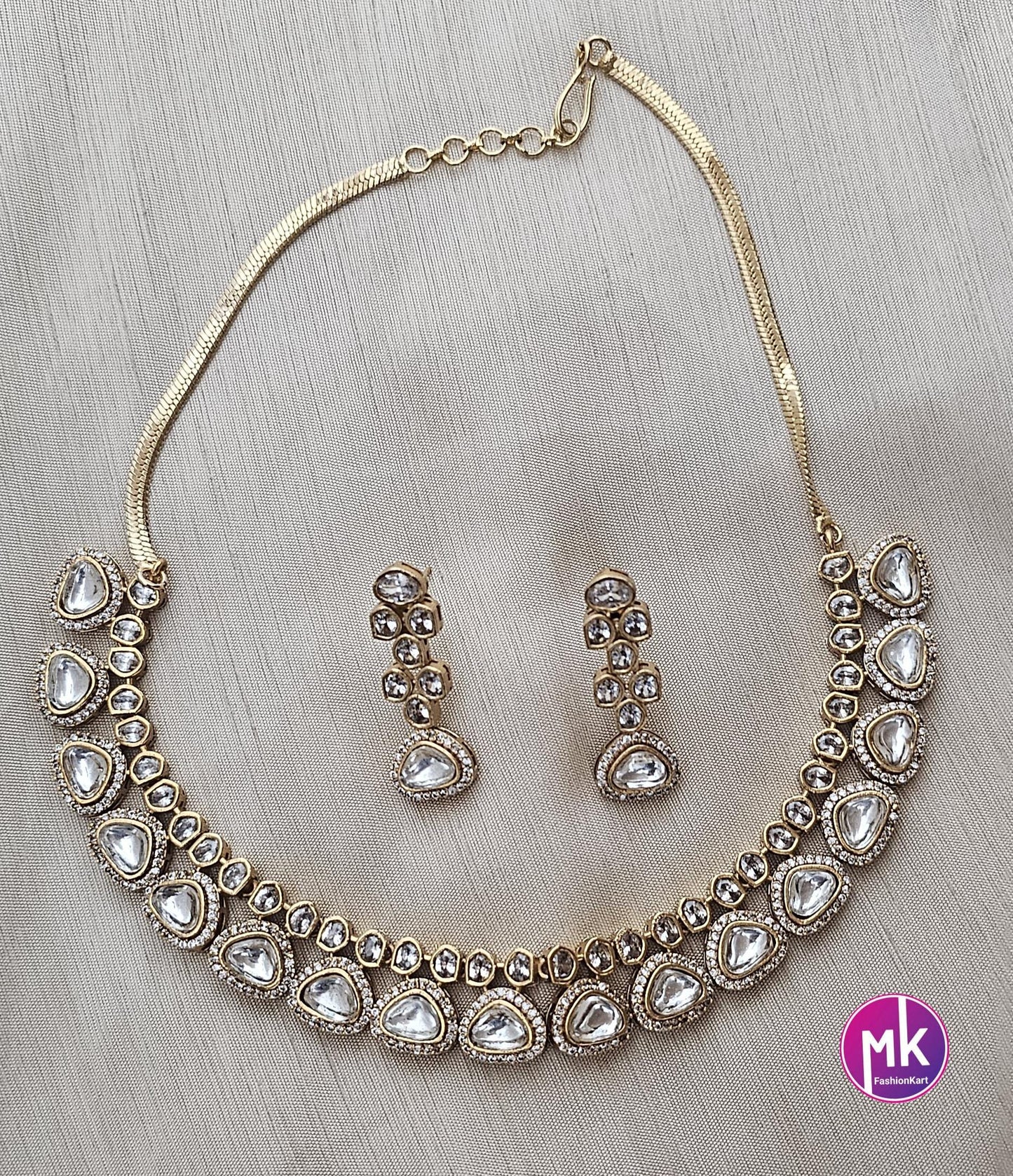 Celebrity Style Premium Quality Moissanite stone with CZ stones Necklace and Beautiful matching Earrings - Bridal Jewelry - MK Fashionkart