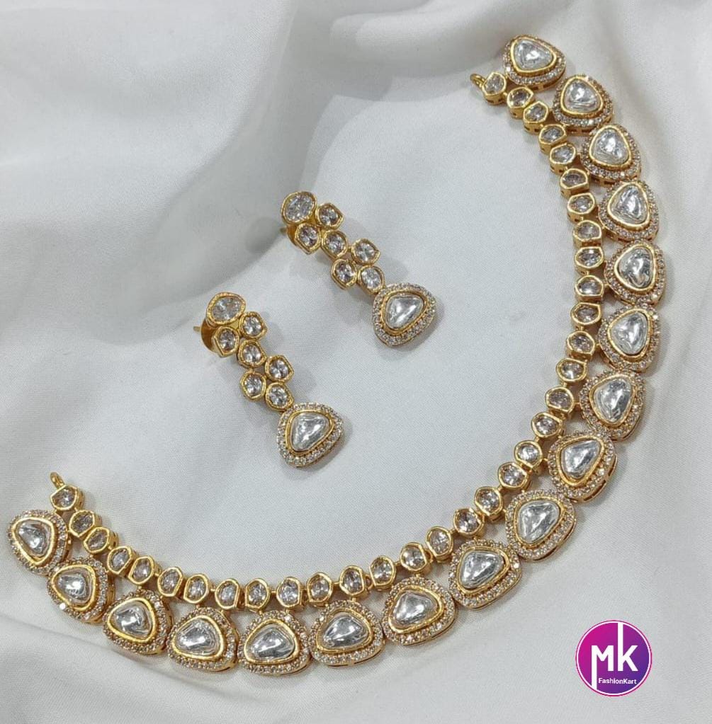 Celebrity Style Premium Quality Moissanite stone with CZ stones Necklace and Beautiful matching Earrings - Bridal Jewelry - MK Fashionkart
