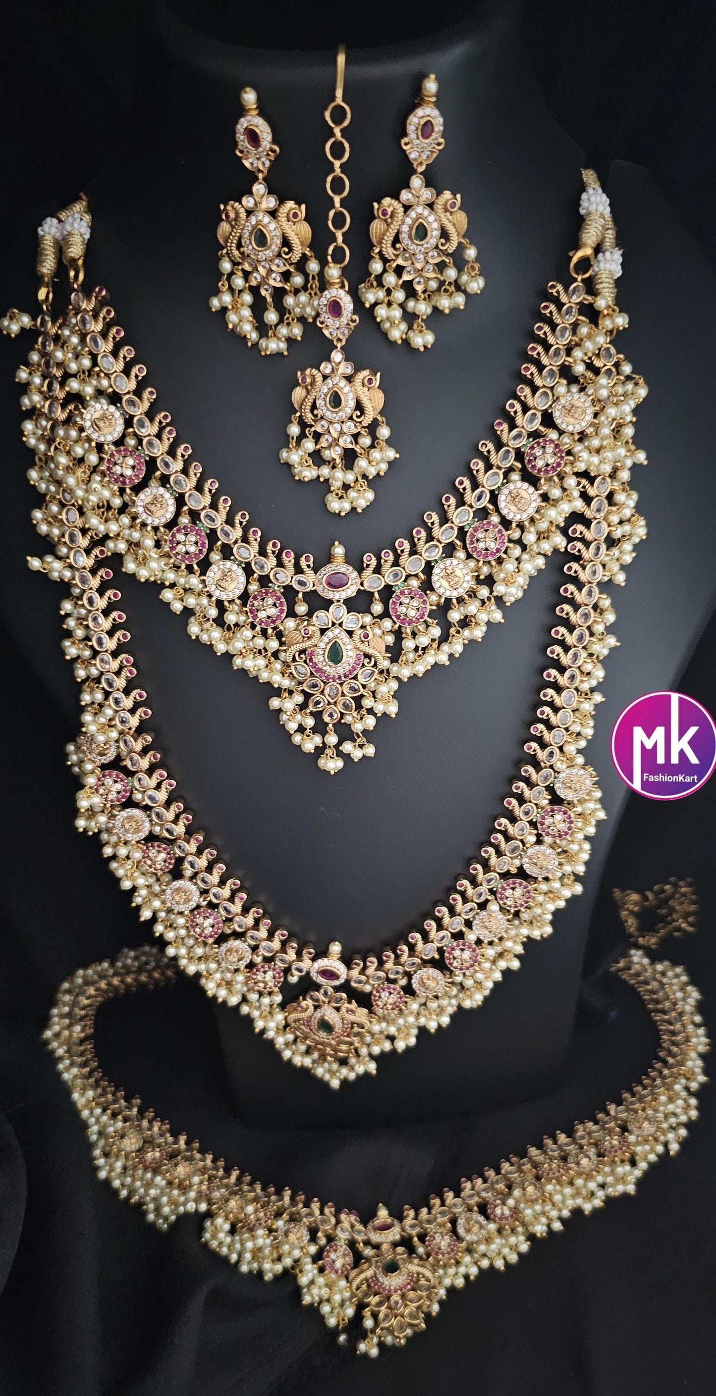 Celebrity Style Peacock Guttapusalu Premium quality Kemp stone Gold Jewelry Replica Combo set - Bridal set - Wedding set - MK Fashionkart