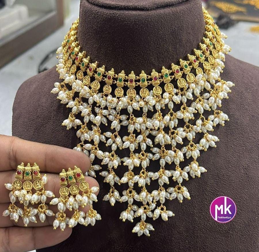 Lakshmi Premium Quality Matte gold finish unique step by step design rice pearl Choker cum Necklace with matching Earings - MK Fashionkart