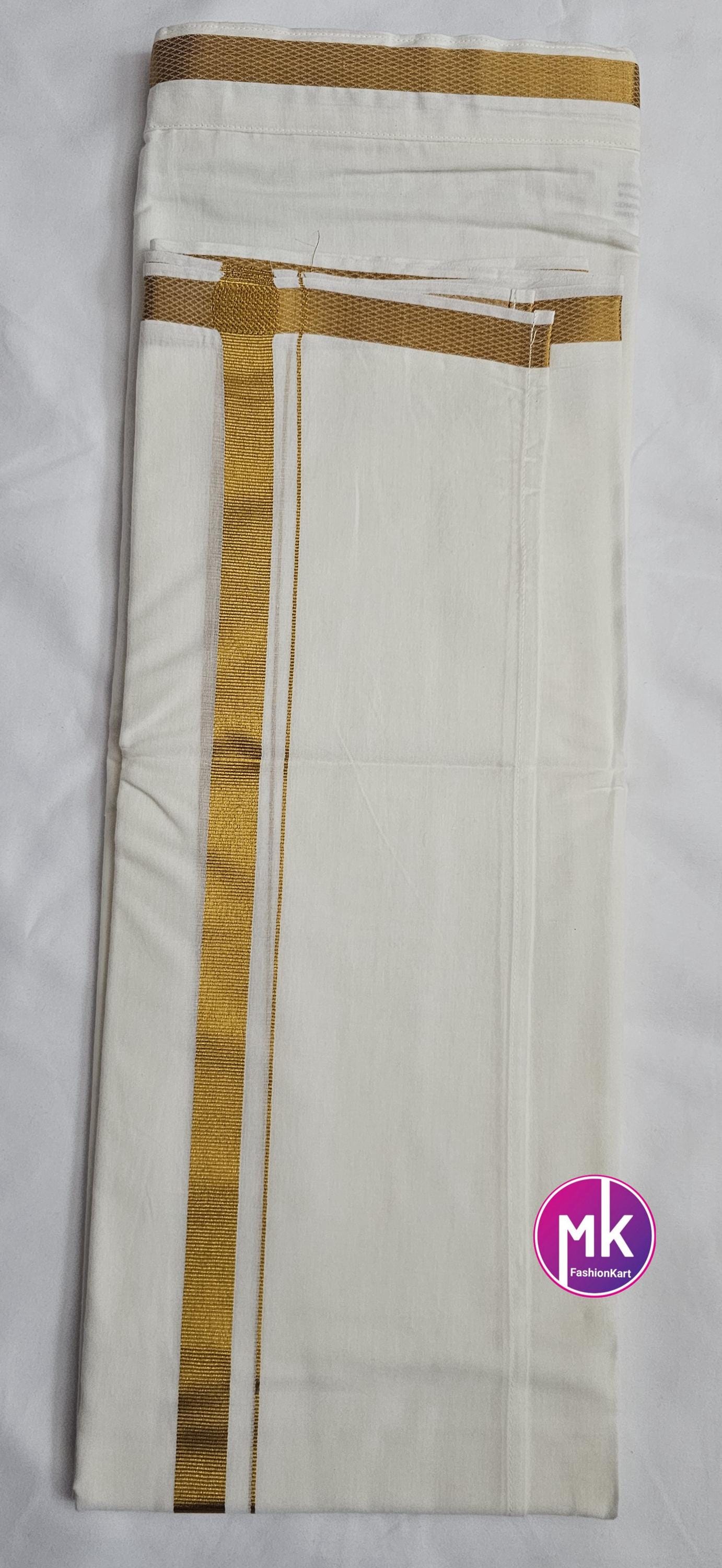 Men's Silk Cotton Dhothi or Vesti (with Fastner) - Adult and Teenager Dhothi  gold color Jari - size adjustable - 24/26, 28/30, 32/34, 36/38