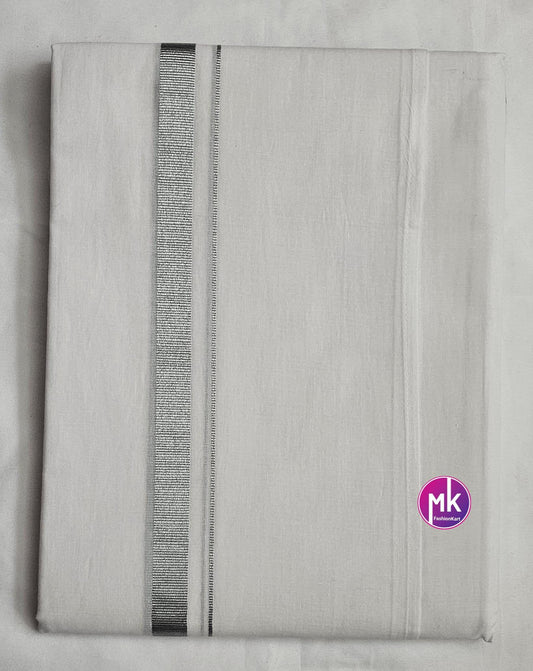 Men's Silk Cotton Dhothi or Vesti (with Fastner) - Adult and Teenager Dhothi  silver  Jari - size adjustable - 24/26, 28/30, 32/34, 36/38