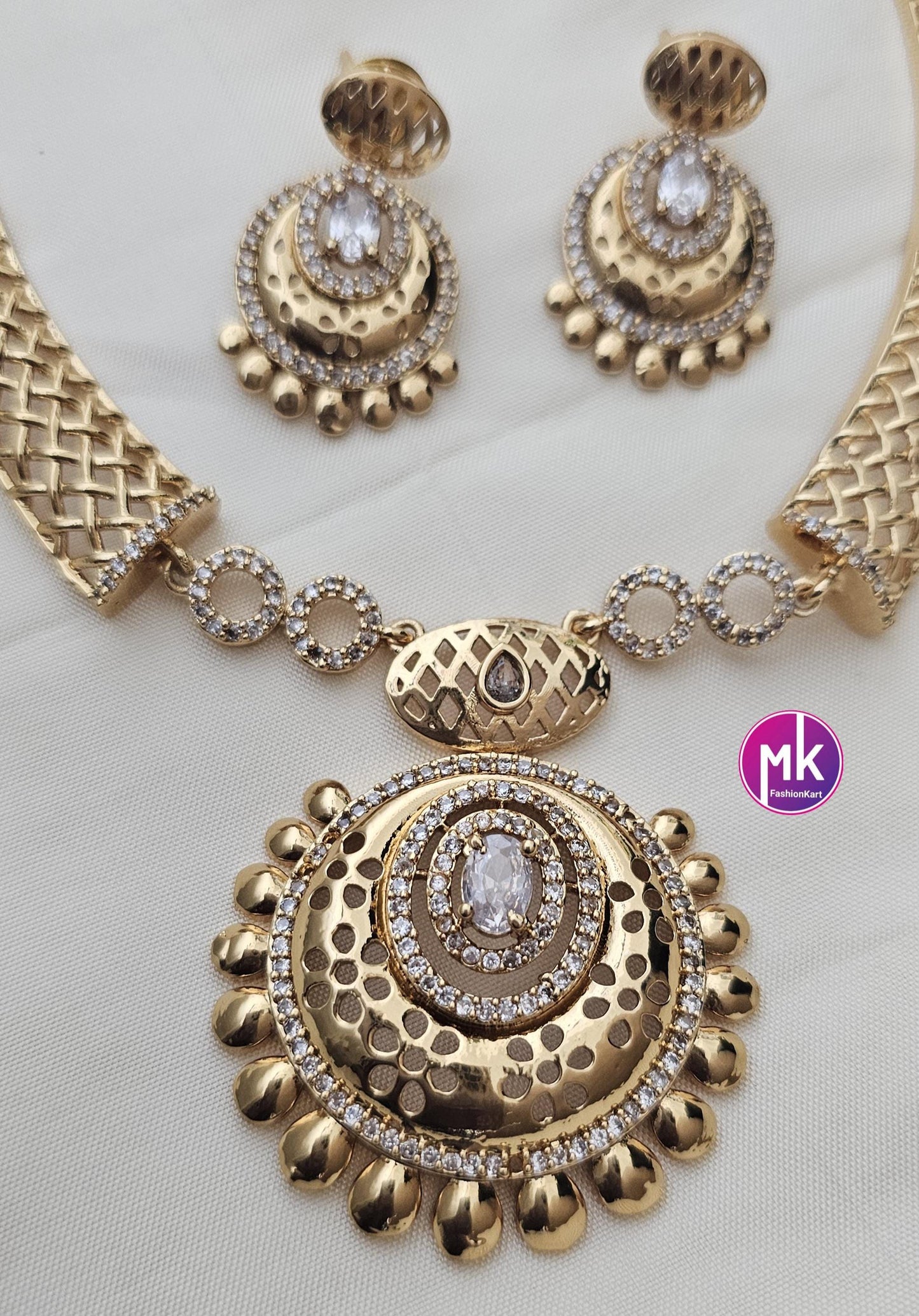 American Diamond Celebrity Style Premium polish Gold finish Necklace with matching Earrings - Adult cum Teen - MK Fashionkart