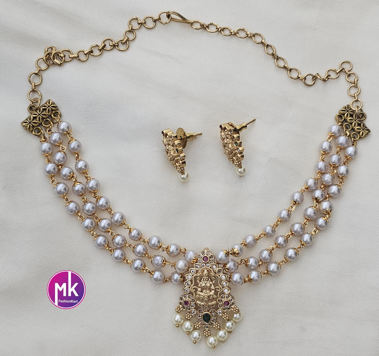 Lakshmi Premium Quality gold finish pearl Choker with matching Lakshmi Earrings - Fashion Jewelry - MK Fashionkart