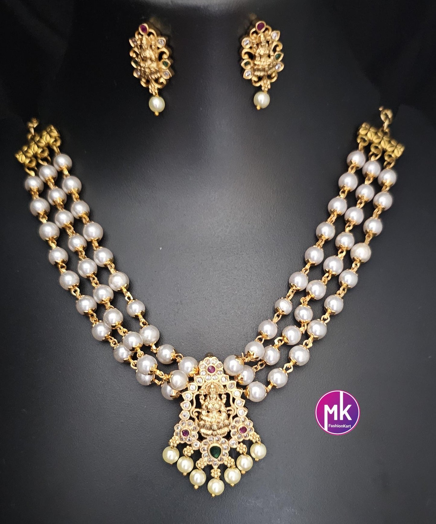 Lakshmi Premium Quality gold finish pearl Choker with matching Lakshmi Earrings - Fashion Jewelry - MK Fashionkart