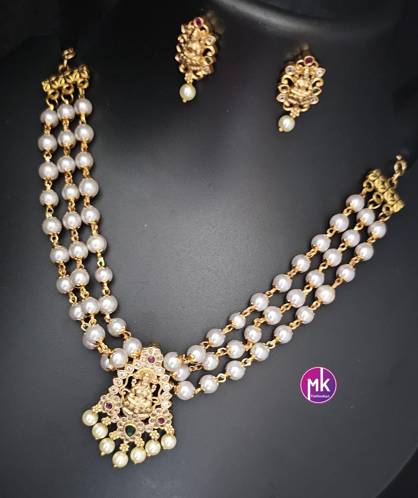 Lakshmi Premium Quality gold finish pearl Choker with matching Lakshmi Earrings - Fashion Jewelry - MK Fashionkart