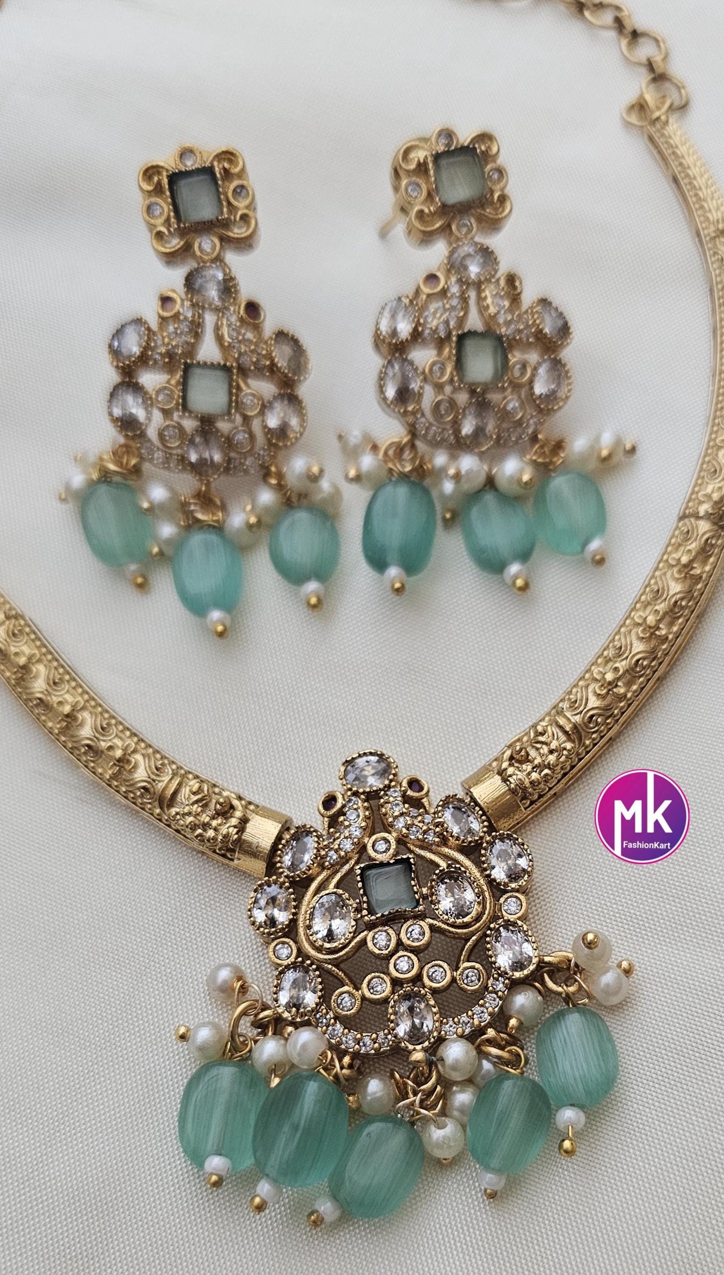Premium Quality Hasli type stone necklace with matching Earrings - Adult cum Teen Necklace - Fashion Jewelry - Mk Fashionkart