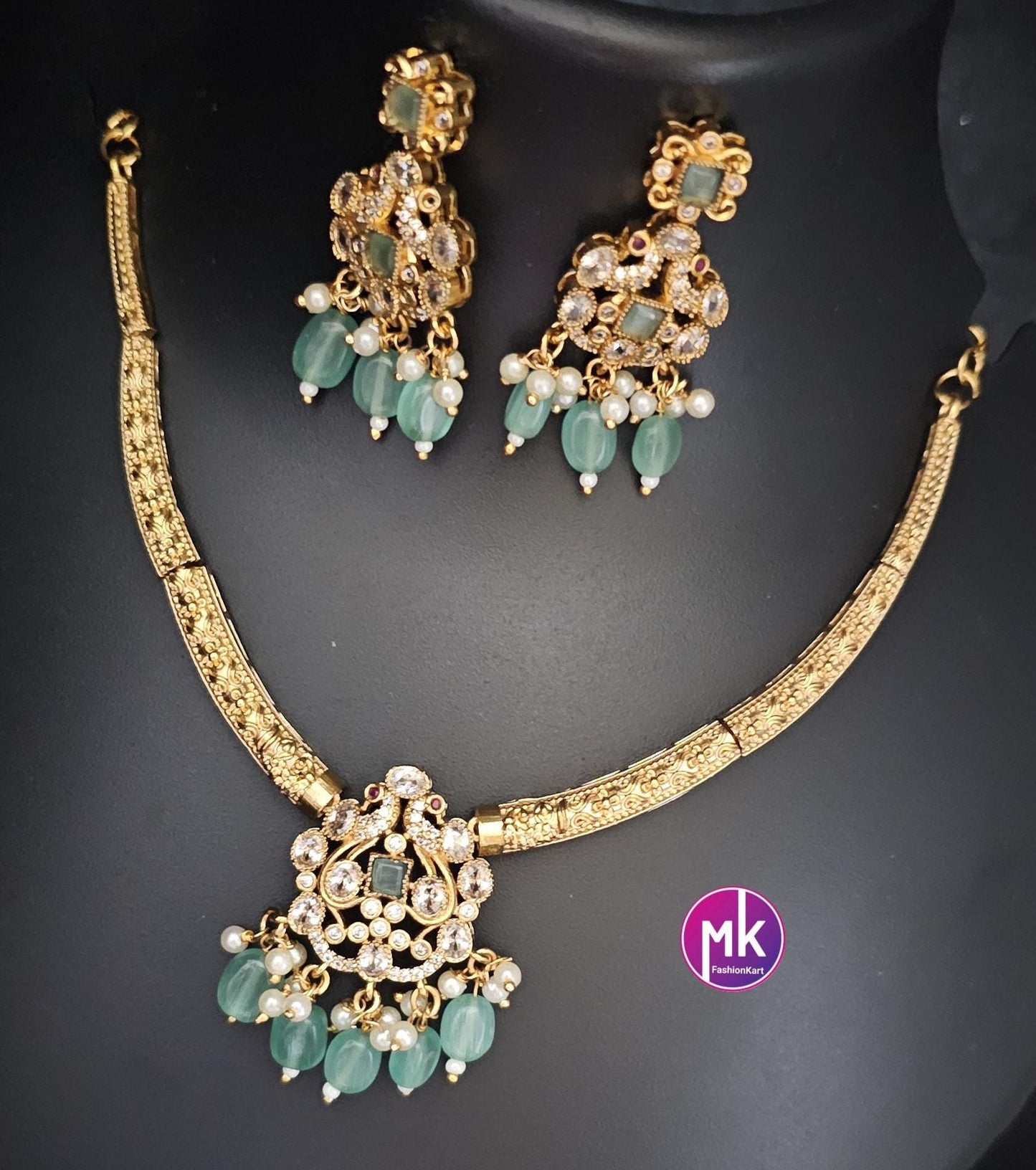 Premium Quality Hasli type stone necklace with matching Earrings - Adult cum Teen Necklace - Fashion Jewelry - Mk Fashionkart