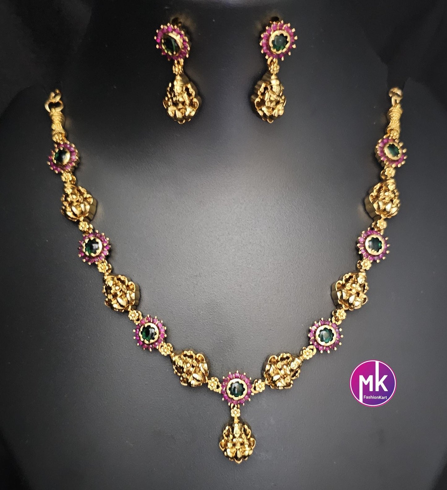 Lakshmi Design matte gold polish multi-color stone Necklace with matching Earrings - Gold Jewelry Replica - MK Fashionkart