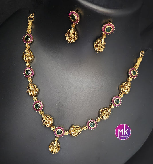 Lakshmi Design matte gold polish multi-color stone Necklace with matching Earrings - Gold Jewelry Replica - MK Fashionkart