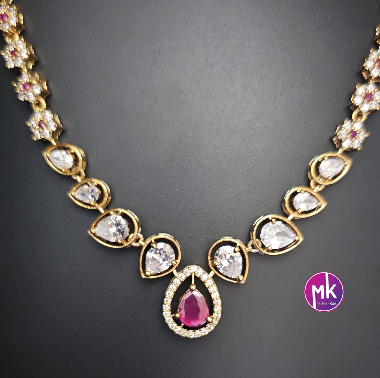 Flower design premium quality Multi-color AD/CZ stone Necklace with matching Earrings - Adult cum Teen Necklace - MK Fashionkart