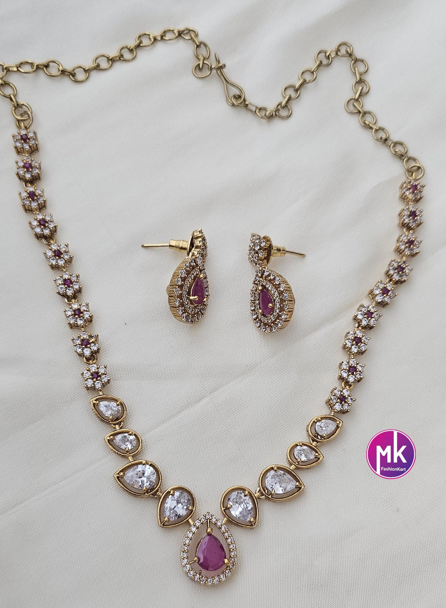 Flower design premium quality Multi-color AD/CZ stone Necklace with matching Earrings - Adult cum Teen Necklace - MK Fashionkart