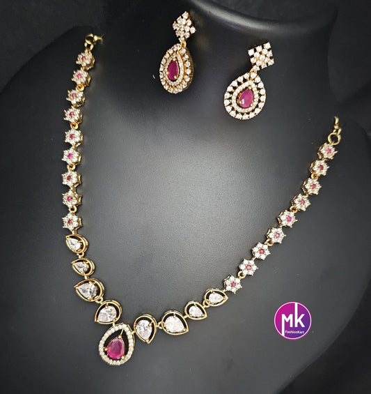 Flower design premium quality Multi-color AD/CZ stone Necklace with matching Earrings - Adult cum Teen Necklace - MK Fashionkart