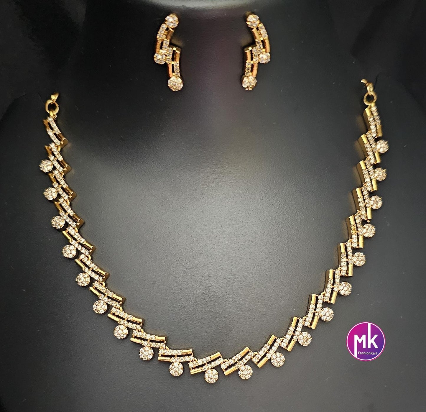 American Diamond Premium polish Gold finish Necklace with matching Earrings - Adult cum Teen Necklace - MK Fashionkart - Fashion Jewelry