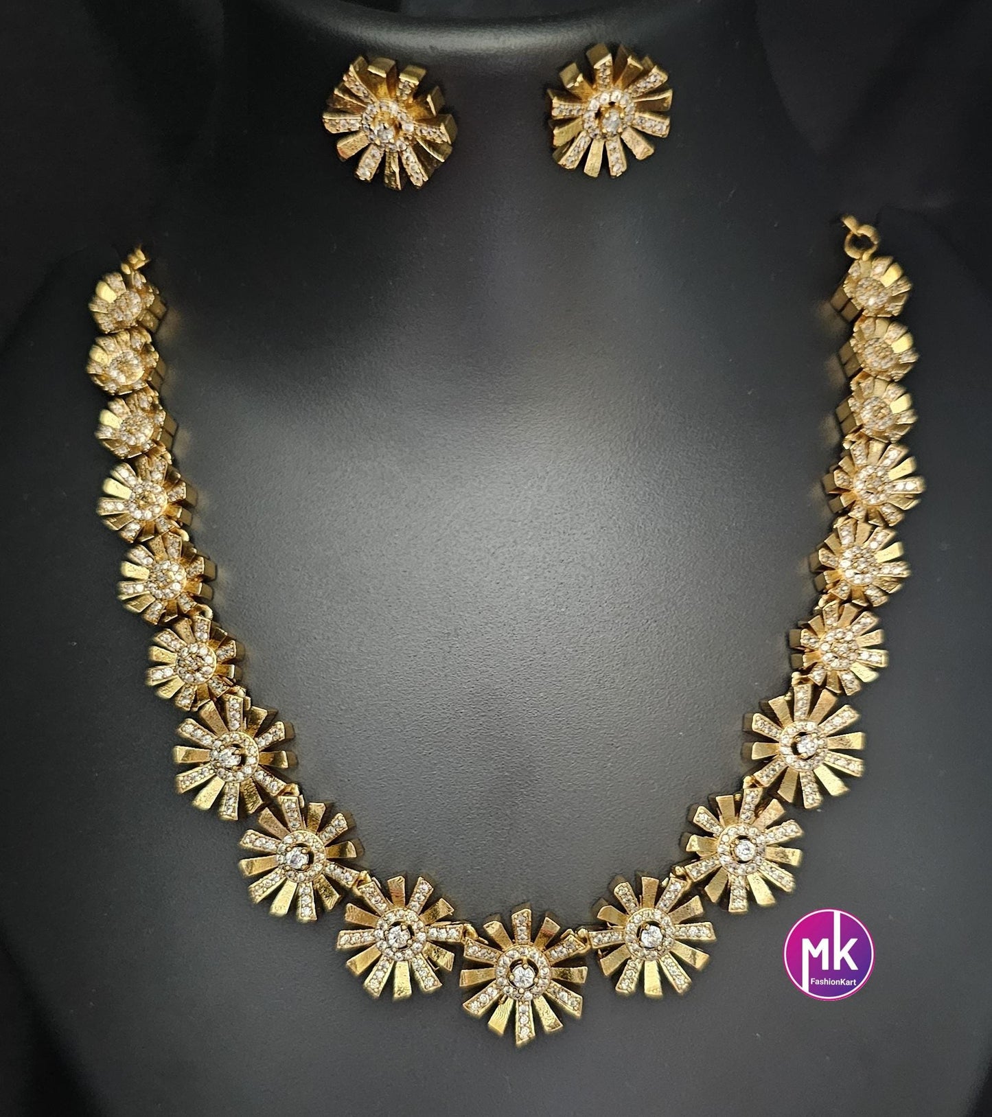 Flower Design American Diamond Premium polish Gold finish Necklace with matching Earrings - Adult cum Teen Necklace - MK Fashionkart