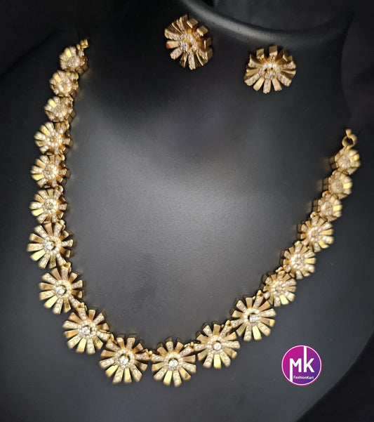 Flower Design American Diamond Premium polish Gold finish Necklace with matching Earrings - Adult cum Teen Necklace - MK Fashionkart