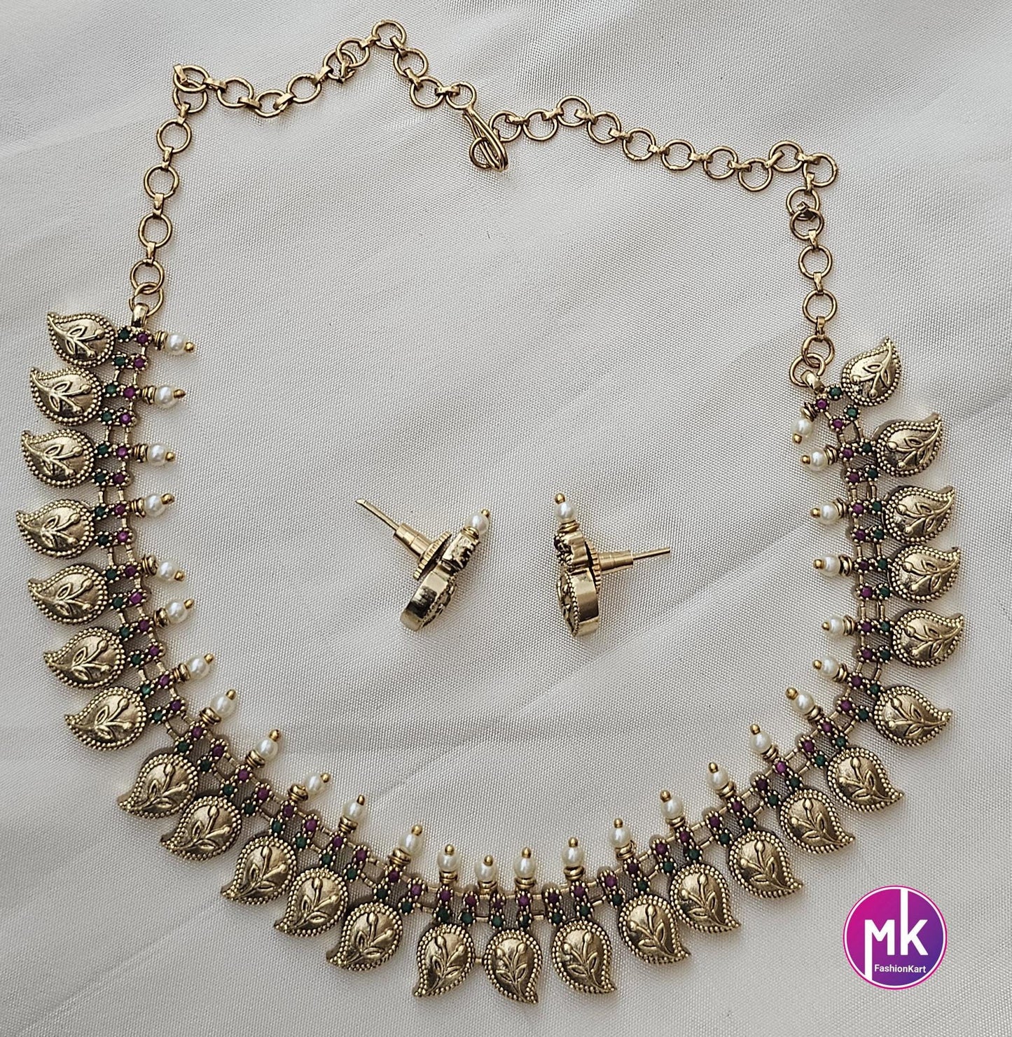 Mango design matte gold finish AD Stone with pearl Multi-color Necklace w matching Earrings - Adult cum Teen - Gold Replica - MK Fashionkart