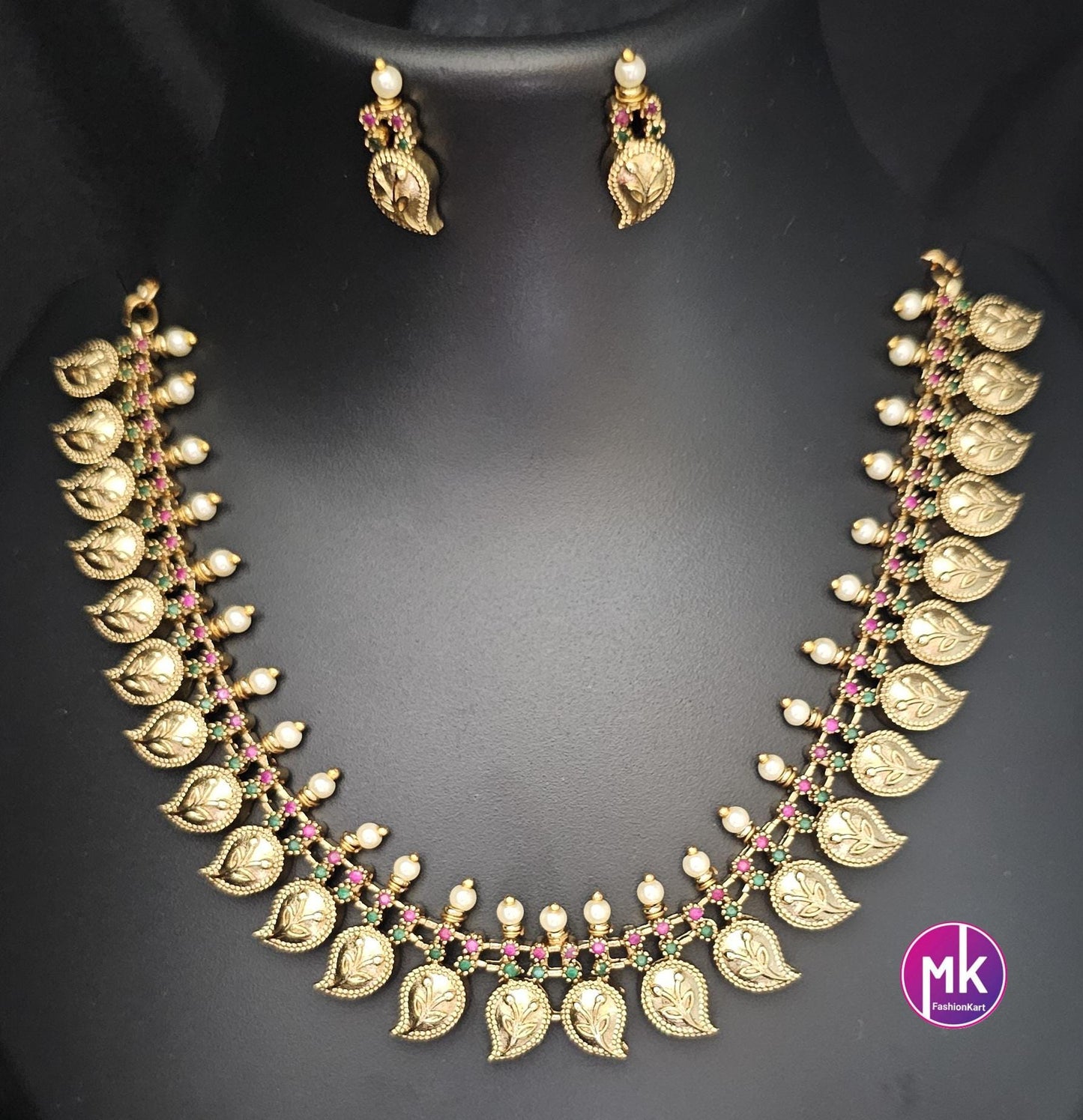 Mango design matte gold finish AD Stone with pearl Multi-color Necklace w matching Earrings - Adult cum Teen - Gold Replica - MK Fashionkart