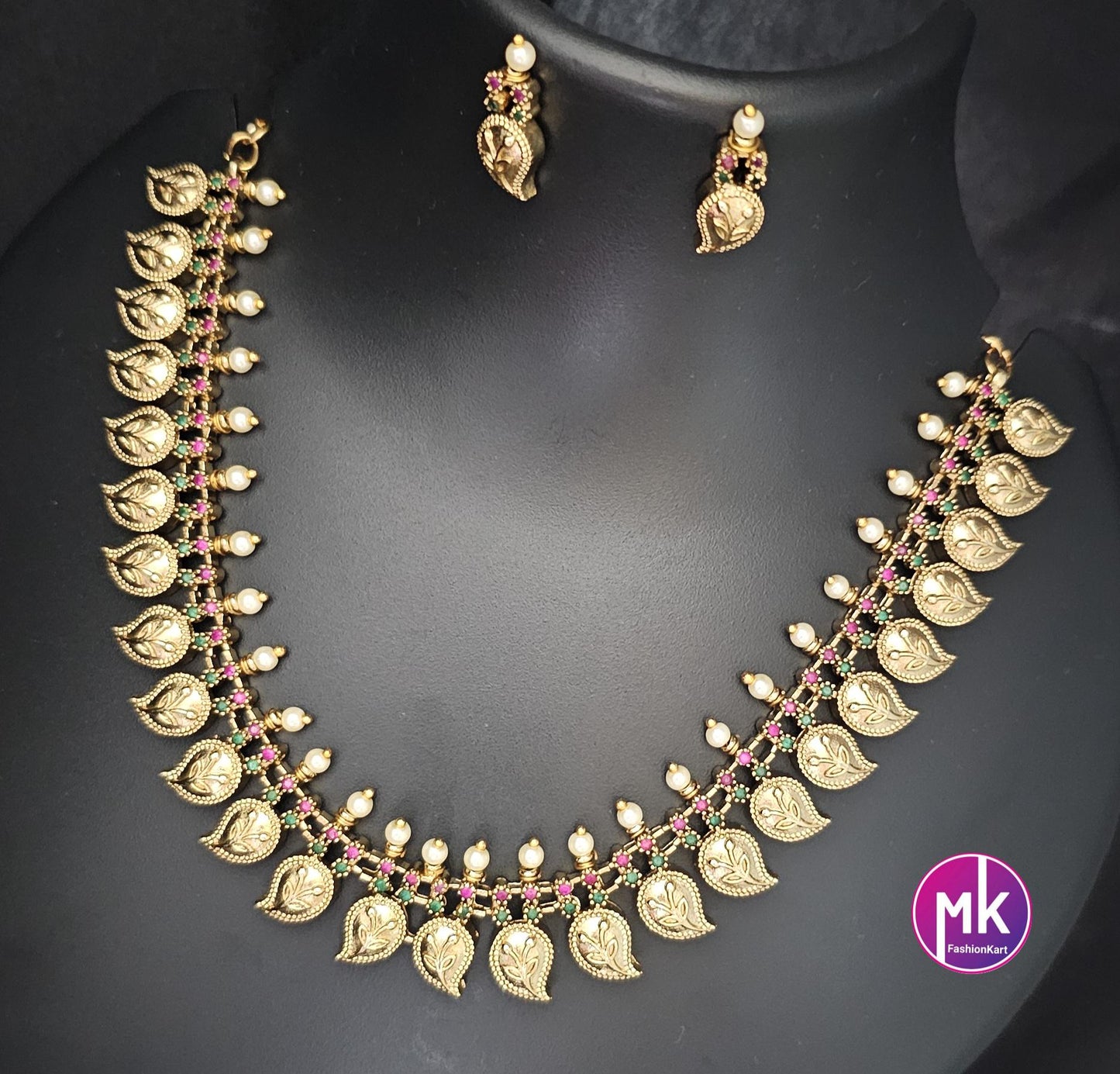 Mango design matte gold finish AD Stone with pearl Multi-color Necklace w matching Earrings - Adult cum Teen - Gold Replica - MK Fashionkart