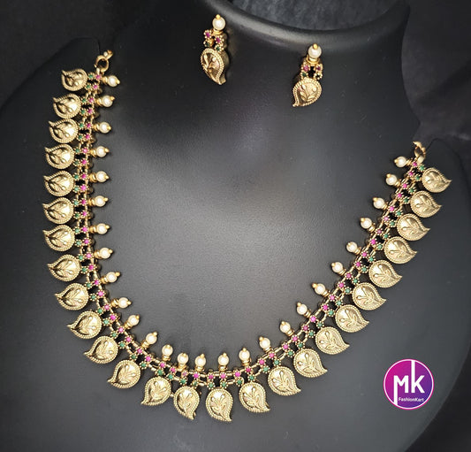 Mango design matte gold finish AD Stone with pearl Multi-color Necklace w matching Earrings - Adult cum Teen - Gold Replica - MK Fashionkart