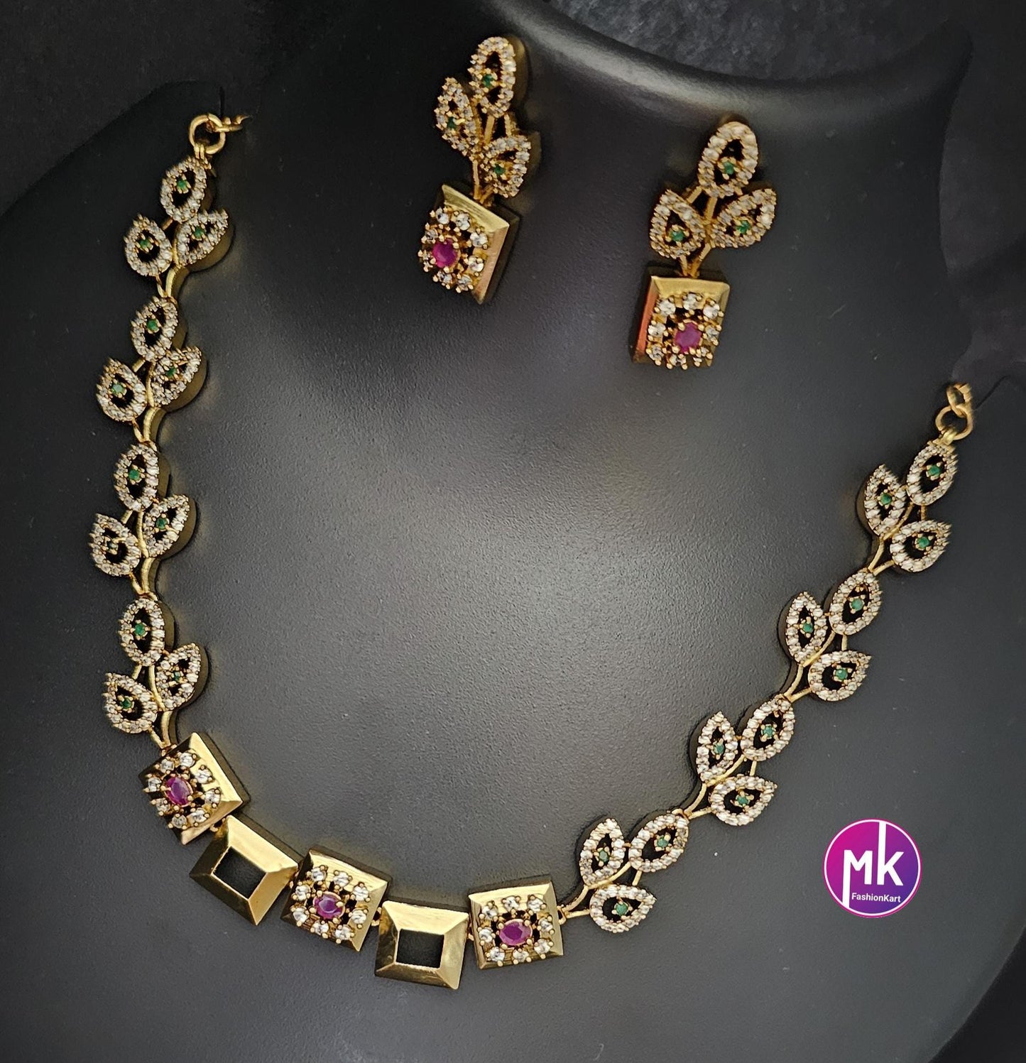 Leaf design matte gold finish Necklace with matching Earrings - Adult cum Teen Necklace - MK Fashionkart - Fashion Jewelry