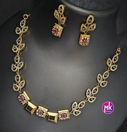 Leaf design matte gold finish Necklace with matching Earrings - Adult cum Teen Necklace - MK Fashionkart - Fashion Jewelry