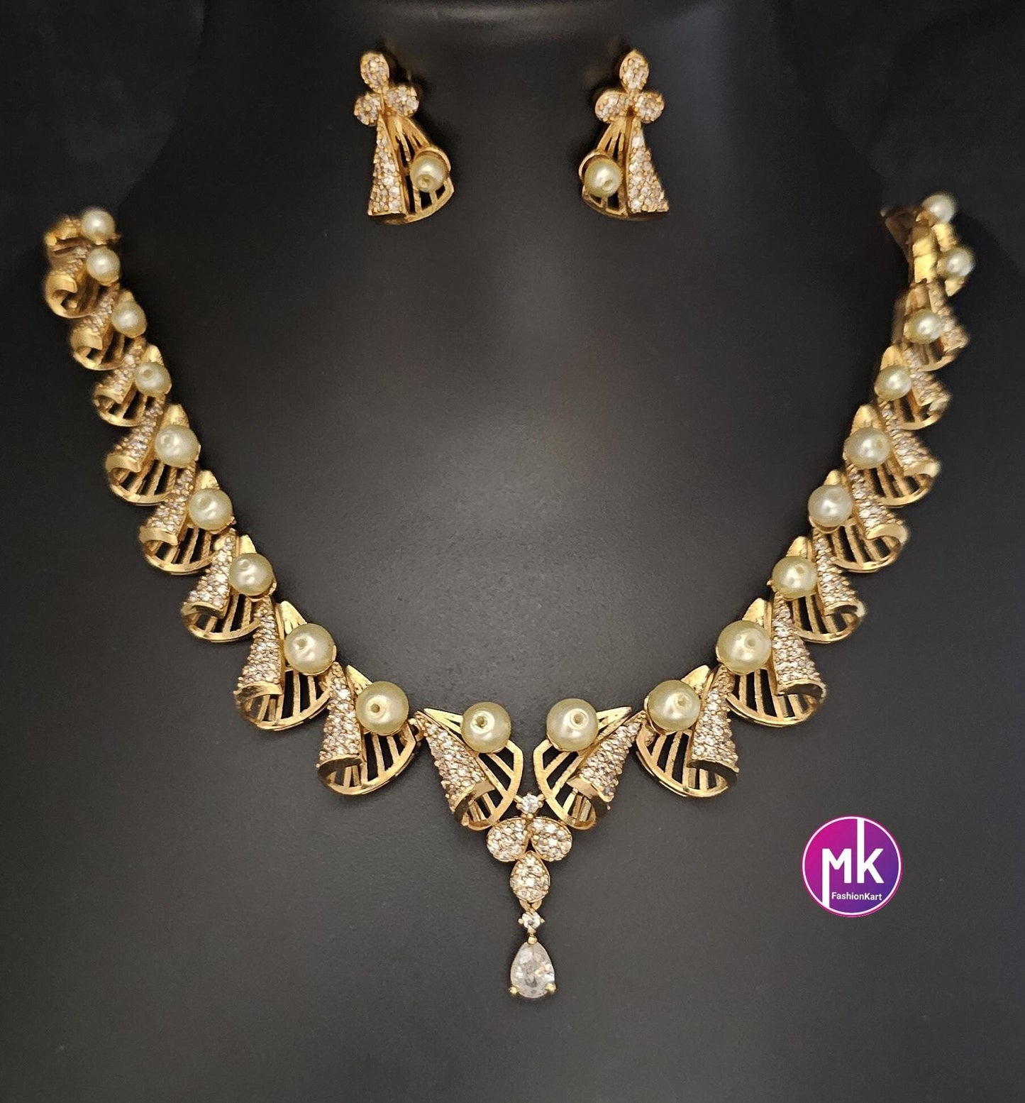 American Diamond Premium polish Gold finish Necklace with pearls and matching Earrings - Adult cum Teen Necklace - MK Fashionkart