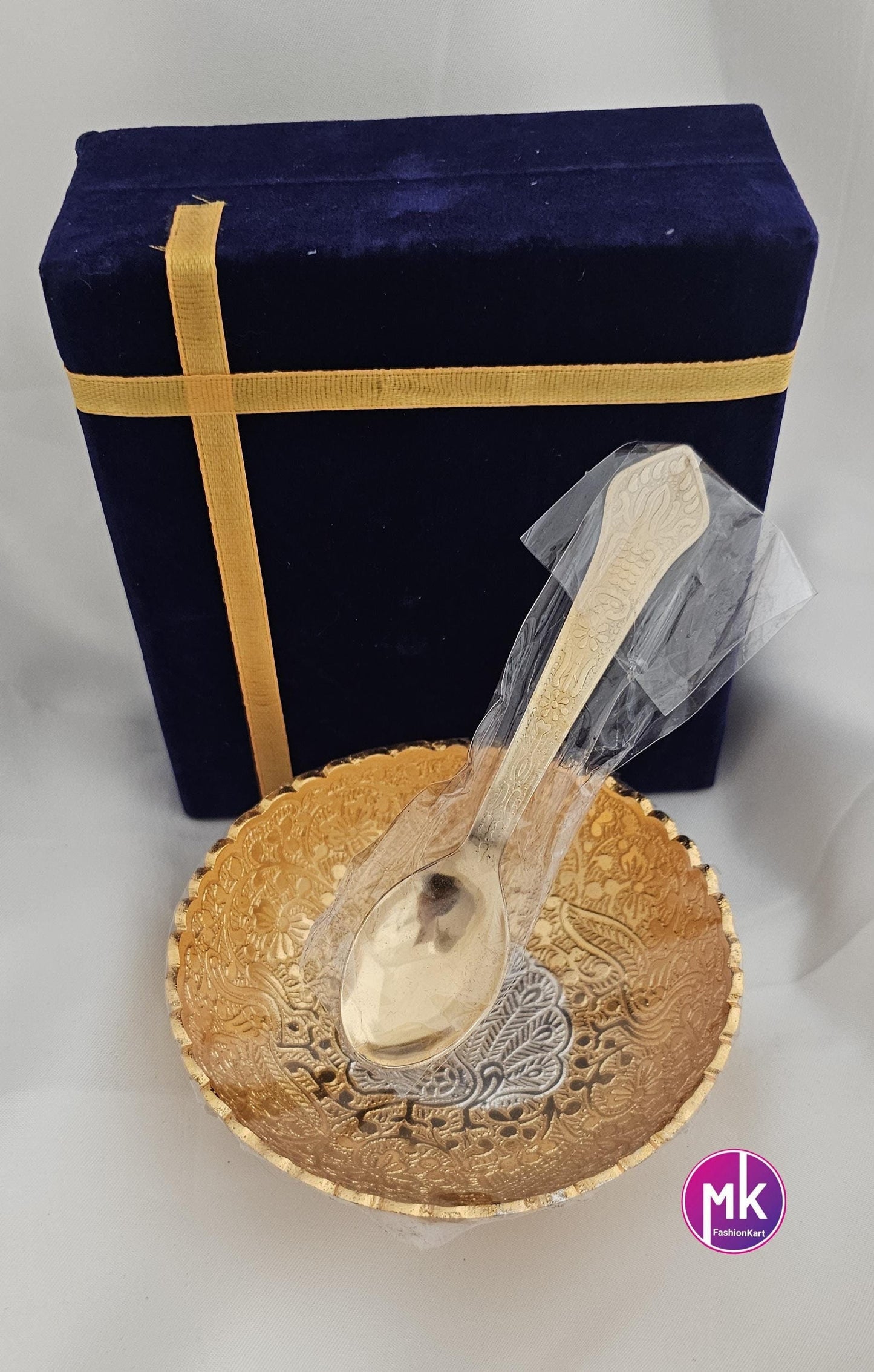 German Gold Silver Brass Bowl, Spoon set with Velvet gift box pack - Gift Item - Baby shower Gift/Annaprasana Gift - MK Fashionkart