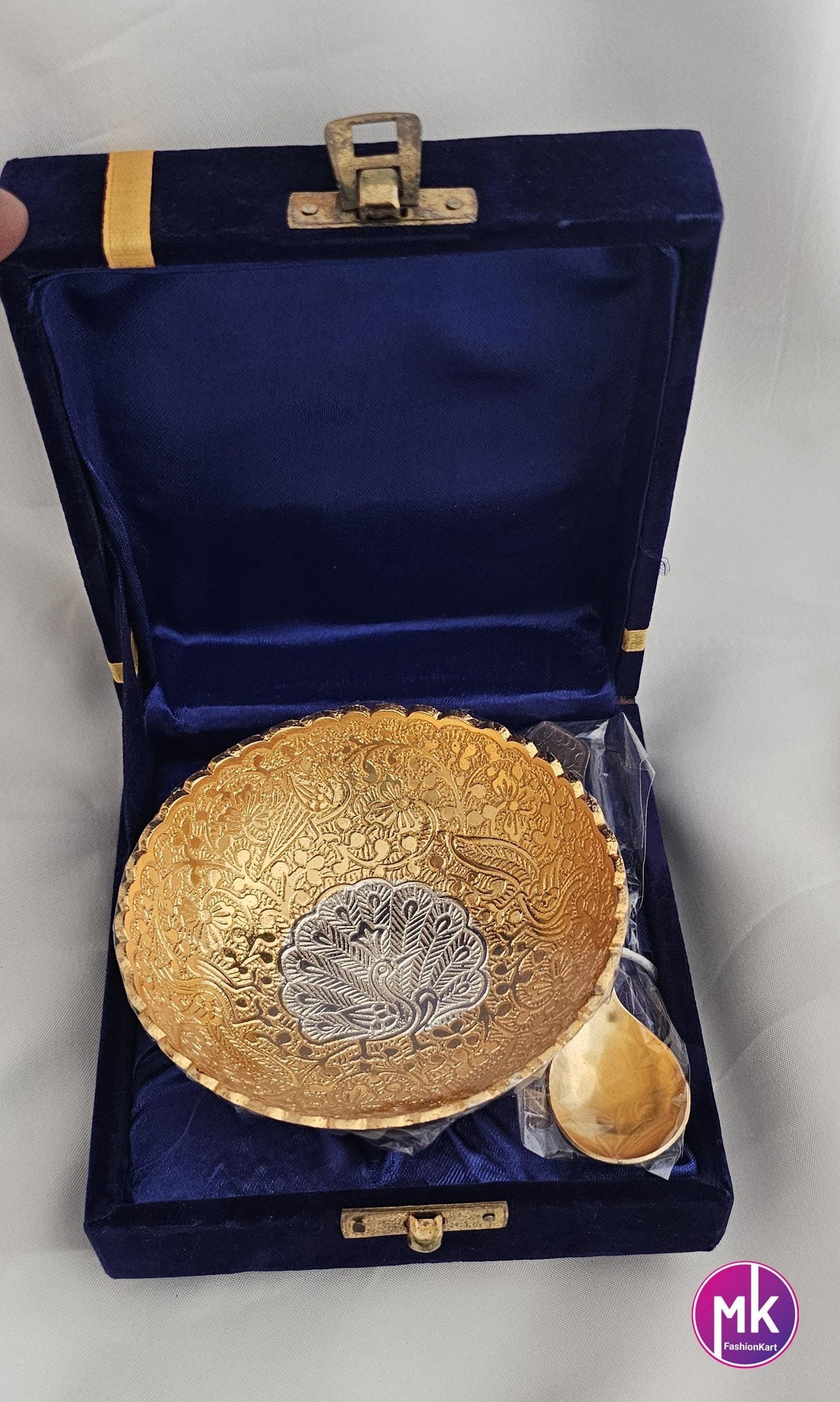 German Gold Silver Brass Bowl, Spoon set with Velvet gift box pack - Gift Item - Baby shower Gift/Annaprasana Gift - MK Fashionkart