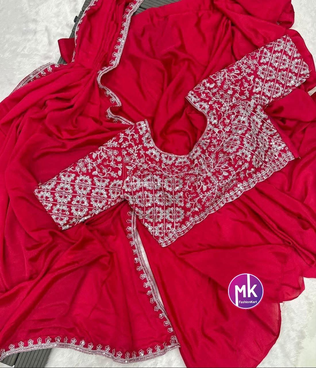 Ready to wear 1 minute Saree - Pink Heavy Chinon embroidery cording work with fully stitched embroidery cording work blouse and hip belt