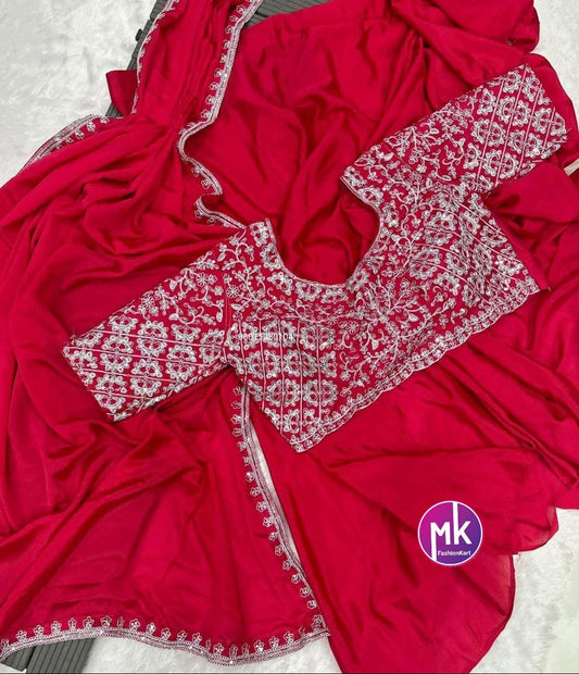 Ready to wear 1 minute Saree - Pink Heavy Chinon embroidery cording work with fully stitched embroidery cording work blouse and hip belt