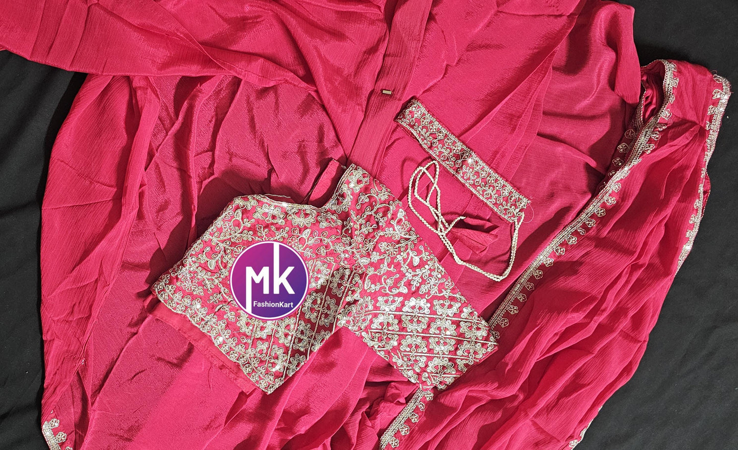 Ready to wear 1 minute Saree - Pink Heavy Chinon embroidery cording work with fully stitched embroidery cording work blouse and hip belt