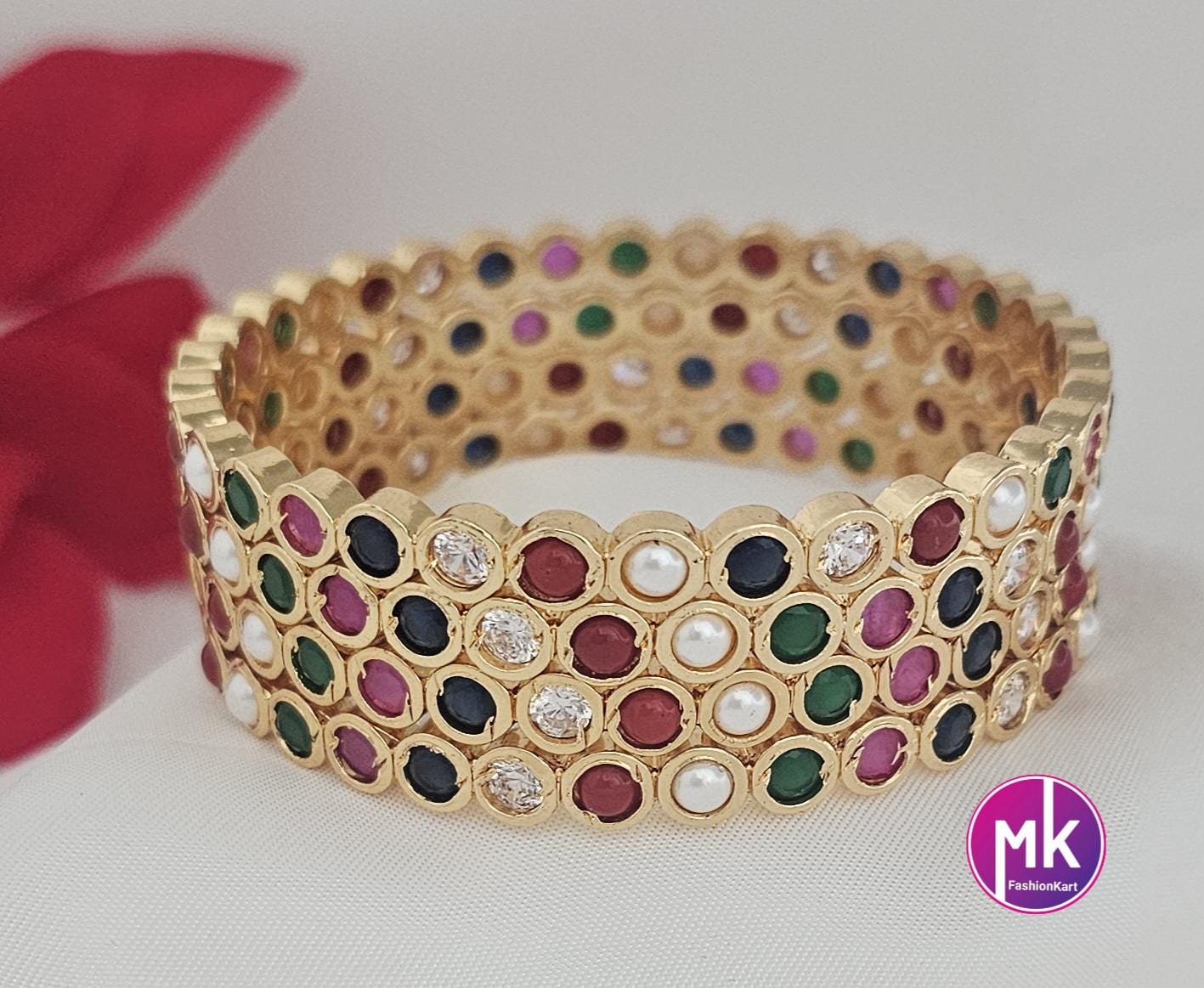 Navarathna Premium quality Gol finish Bangles stone Bangles - Set of 4 Bangles - Size 2.4, 2.6 and 2.8 - Fashion Jewelry - MK Fashionkart