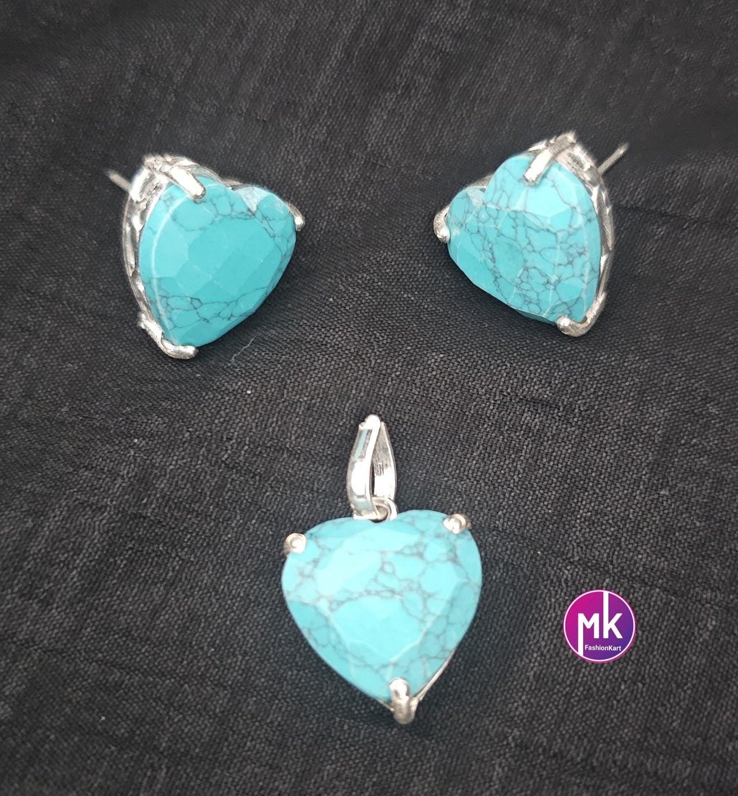 Turquoise Silver finish Pendent Set - Silver finish Pendent with matching Earrings - MK Fashionkart - Fashion Jewelry