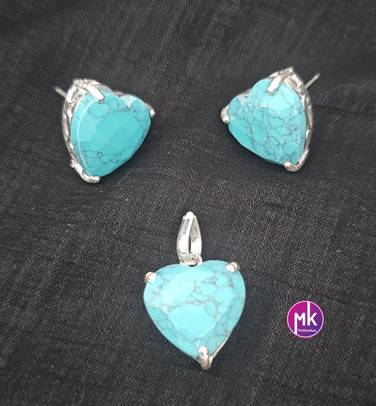 Turquoise Silver finish Pendent Set - Silver finish Pendent with matching Earrings - MK Fashionkart - Fashion Jewelry