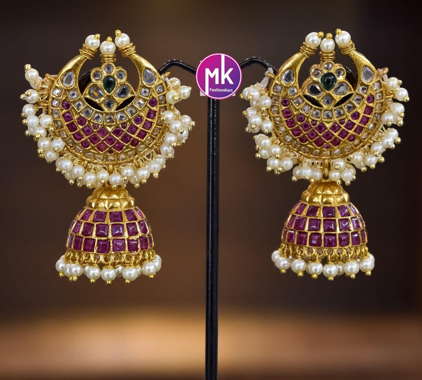 Kemp Stone Premium Quality premium polish Big chandbali Jhumka with pearl hangings - MK Fashionkart - Fashion Jewelry