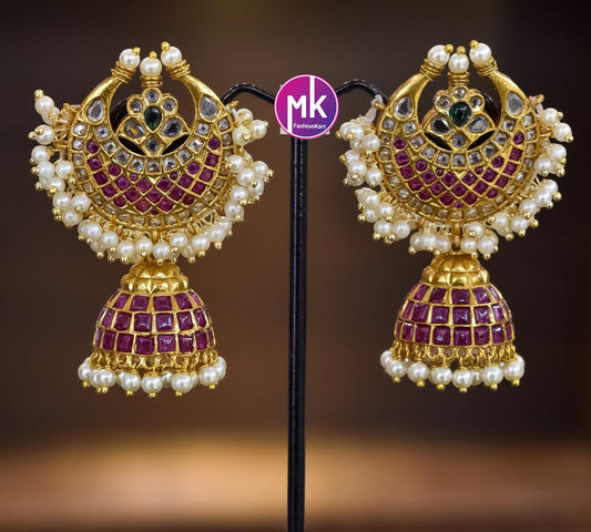 Kemp Stone Premium Quality premium polish Big chandbali Jhumka with pearl hangings - MK Fashionkart - Fashion Jewelry
