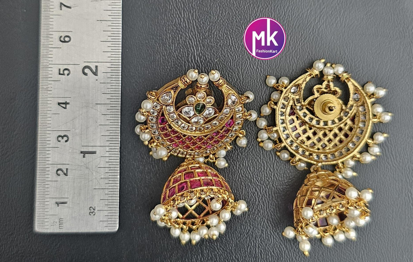 Kemp Stone Premium Quality premium polish Big chandbali Jhumka with pearl hangings - MK Fashionkart - Fashion Jewelry