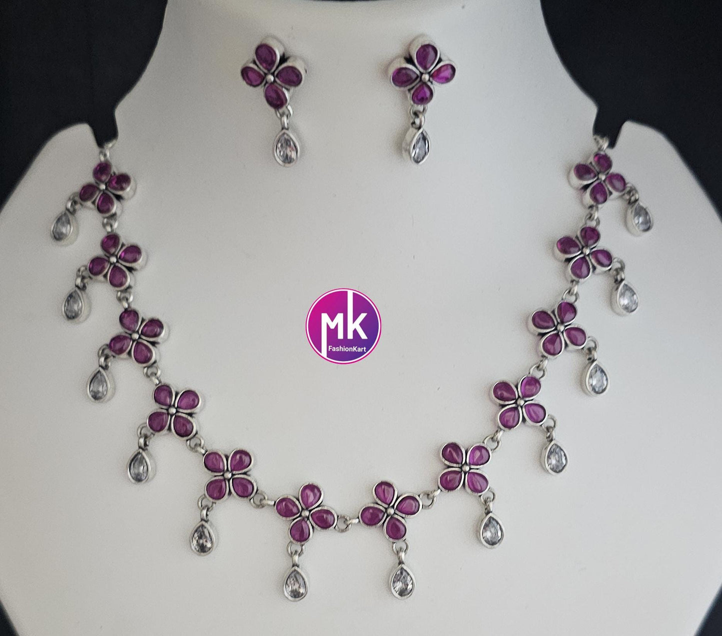 Oxidized Silver Flower design AD stones Necklace with matching Earrings - Adult cum Teen Necklace - MK Fashionkart - Fashion Jewelry