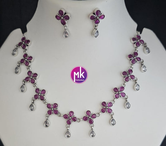 Oxidized Silver Flower design AD stones Necklace with matching Earrings - Adult cum Teen Necklace - MK Fashionkart - Fashion Jewelry