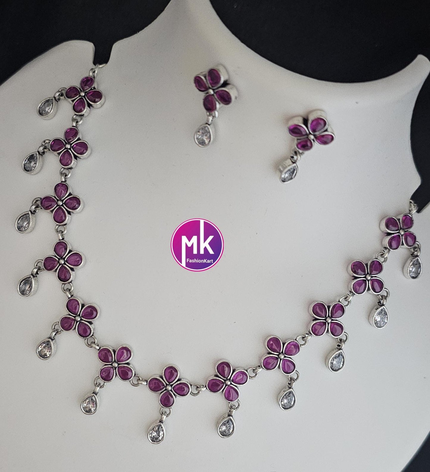 Oxidized Silver Flower design AD stones Necklace with matching Earrings - Adult cum Teen Necklace - MK Fashionkart - Fashion Jewelry