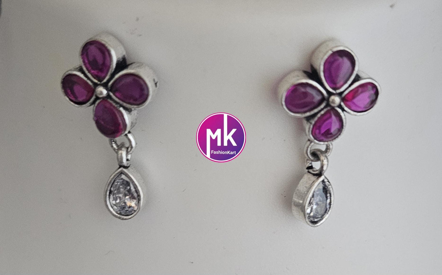 Oxidized Silver Flower design AD stones Necklace with matching Earrings - Adult cum Teen Necklace - MK Fashionkart - Fashion Jewelry