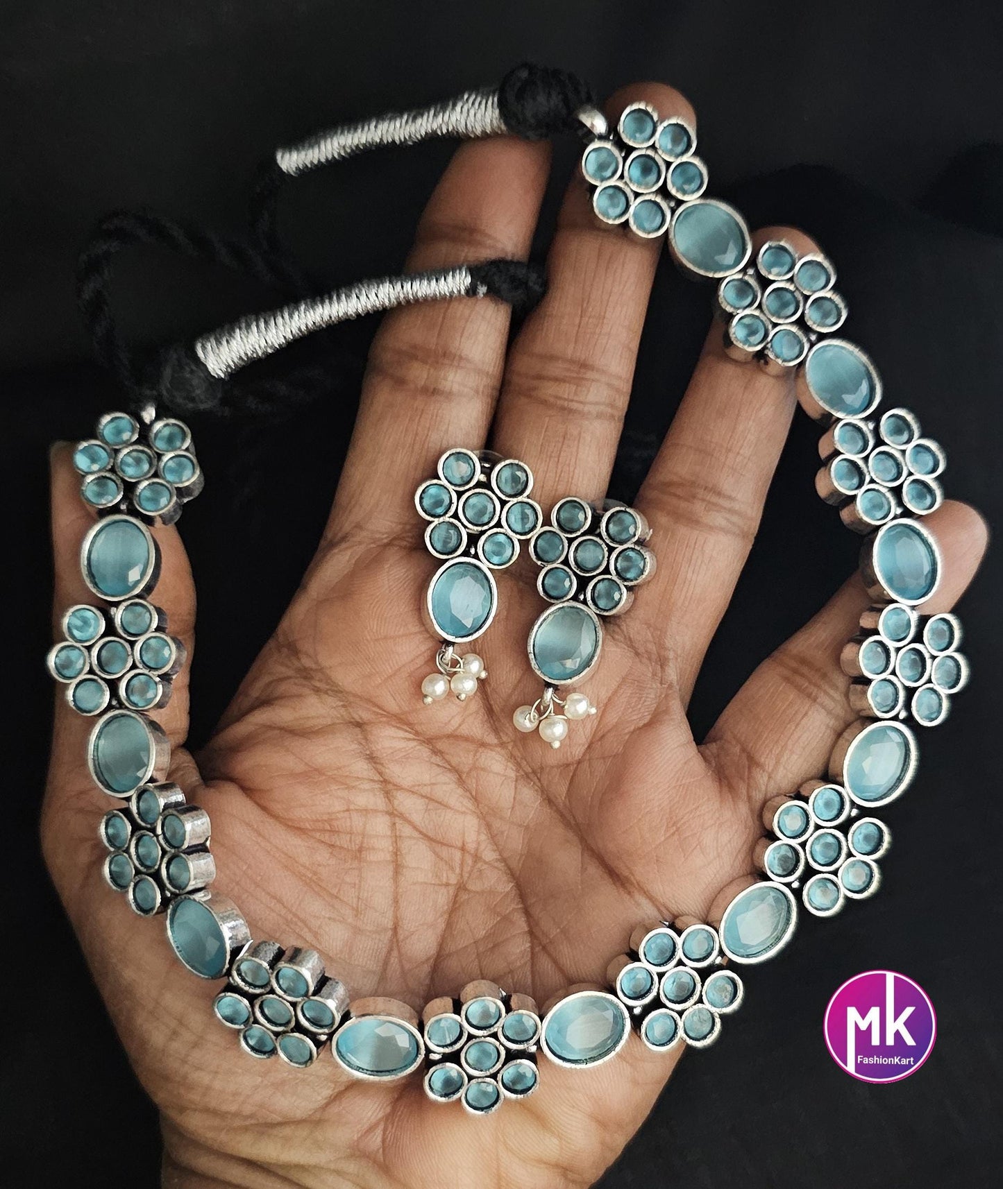 Oxidized Silver blue stone flower design Necklace with matching cute Jhumki - Adult cum Teen Necklace - MK Fashionkart - Fashion Jewelry