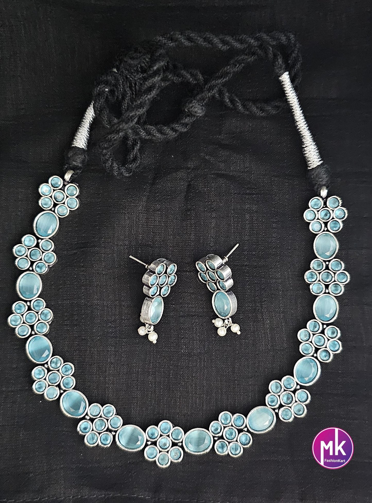 Oxidized Silver blue stone flower design Necklace with matching cute Jhumki - Adult cum Teen Necklace - MK Fashionkart - Fashion Jewelry