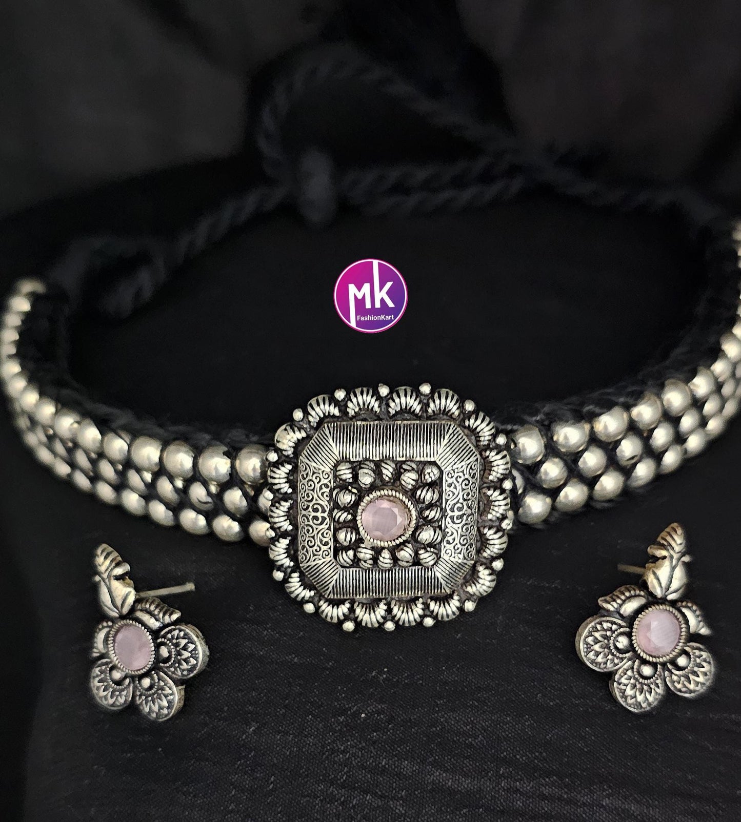 Premium quality partywear Oxidized silver Pink stone Choker with matching Earrings - MK Fashionkart